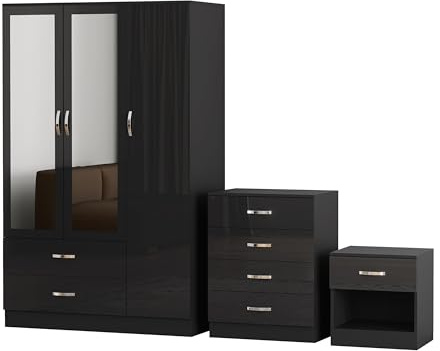 Nera 3 Door Wardrobe Set 3 Piece with Mirror Chest of Drawers Bedside Table for Bedroom Storage (High Gloss Black Door(Matt Black Carcass))