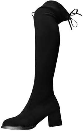 Generisch Overknee Boots for Women High Heel Long, Thigh High Boots for Women with Wide Calf, Flat Non-Slip Block Heel Winter Thick Heel Lace Slip-On Ankle Boots, black, 2/2.5 UK