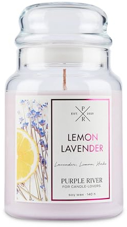 Duftkerze Purple River Lemon Lavender, handgegossen, Sojawachs, 623g, Brenndauer 140h, Glas, 2 Baumwolldochte