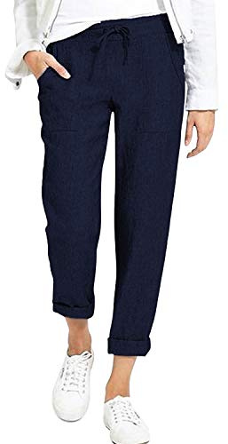 Womens Drawstring Elastic Waist Straight Leg Pants Solid Color Casual Loose Trousers with Pockets