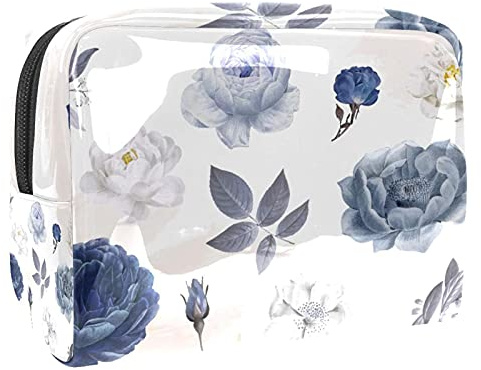 Waterproof Makeup Pouch Beautiful Blue Rose-01 Makeup Bag Organizer Travel Zip Toiletry Bag Small Cosmetic Case Beauty Bag for Teens Girls Women