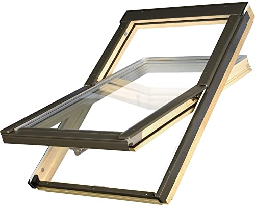 OptiLight B Fenêtre de toit en bois laqué transparent | Fenêtre basculante avec double vitrage | Valeur U : 1,3 | avec cadre de fixation (114 x 118 cm)