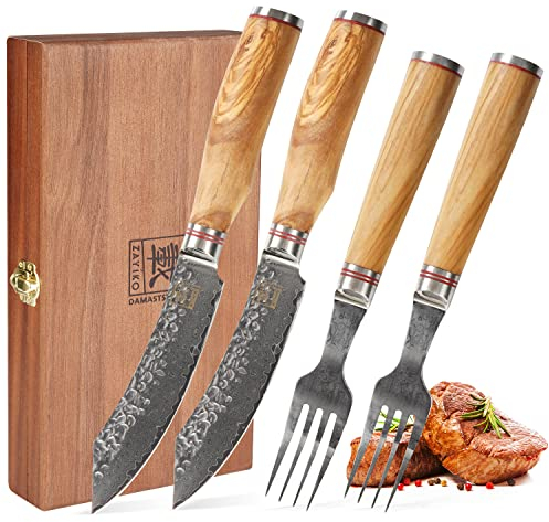 zayiko Damast 2er Steakmesser und Gabel-Set - 12 cm Klingen aus 67 Lagen echtem Damaststahl, Olivenholzgriffe, Damast Küchenmesser