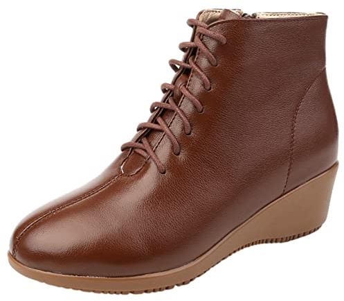 Jamron Donna Moda Vera Pelle Tacco a Zeppa Stivali con Lacci Invernali Stivaletti con Fodera in Pelle Marrone EU40