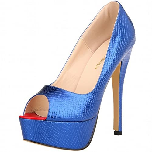 QIANKUN Chaussures Femme Talons Hauts Mode Sexy Stilettos Bout Ouvert Plateforme Motif Crocodile Stilettos pour Soirée Mariage - Bleu, 38
