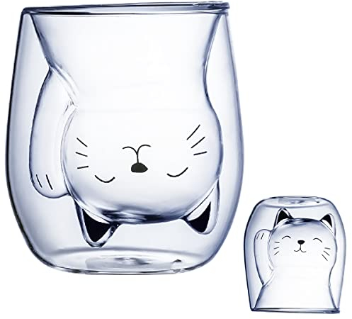 XiXiRan Doppelwandige Gläser, Isoliergläser, Süße Tassen, Teeglas , Kaffeeteegläser (200ML) (Glückliche Katze)