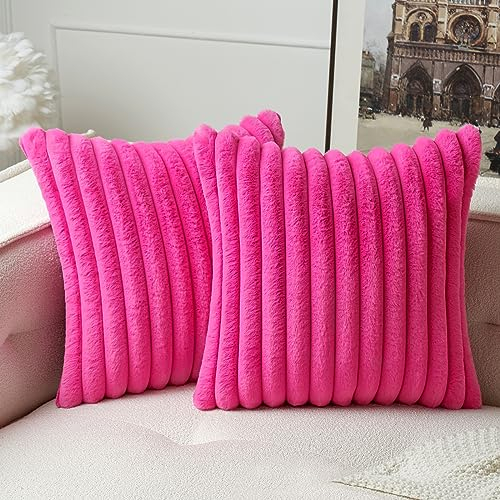 MIULEE Plüsch Samt Kissenbezug Kissenbezüge Kunstpelz weich Moderne Sofakissen Dekokissen Glatter Reißverschluss Waschbar Deko Kissenhülle für Wohnzimmer Schlafzimmer Sofa 2er Set 45x45 cm Rosenrot
