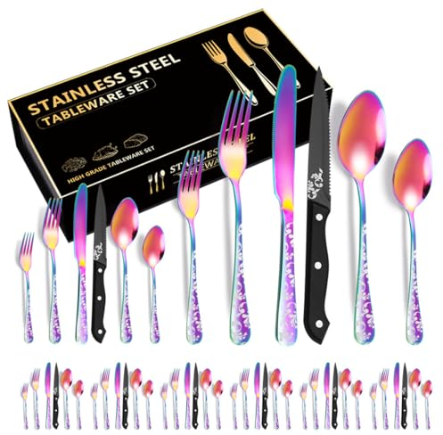XIAOYU 48 juegos de plata con cuchillo de bistec, 8 Juegos de vajilla de grado alimenticio, vajilla de acero inoxidable incluye tenedores, cuchillos, cucharas, diseño de patrón único, Arco Iris
