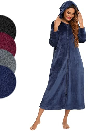 Figarge Peignoir de bain pour femmes et hommes avec fermeture éclair et capuche, long peignoir de bain avec poches frontales, peignoir de sauna en flanelle, bleu marine, XL