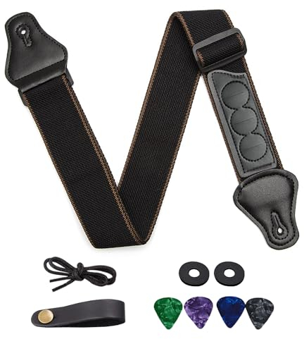 SYEYCW Schwarz Gitarrengurt, Verstellbarer Gitarrenband, Baumwolle Guitar Strap, PU Kunstlederenden, mit 4 Gitarrenplektren, 2 Gurtschlössern, 1 Kopfplattenadapter, für Akustikgitarren, E-Gitarren