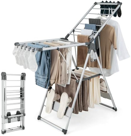 Multigot 2-Layer Clothes Drying Rack, Freestanding Collapsible Clothes Airer with Height-Adjustable Wings, Aluminum Laundry Hanger for Indoor Outdoor
