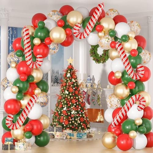 Kit Arco Palloncini Natale - 116 Pezzi Ghirlanda Natalizia con Palloncini Rossi Verdi Oro Bianchi e Candy Cane, Palloncino di Spargiamo Oro per Addobbi Natalizi, Decorazioni di Natale, Christmas Party