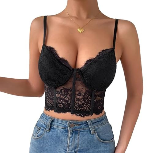Haibang Women's Lace Corset Top V Neck Crop Spaghetti Strap Cami Backless Slim Fit Camisole Bralette Mesh Bustier Sleeveless Tank for Party Clubwear