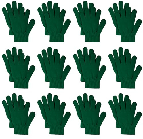 jiebor 12 Pairs Kids Warm Winter Knit Gloves for Boys Girls Children Kids Dark Green