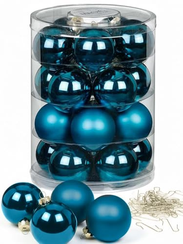 Inge Glas Weihnachtskugeln mit Haken | Schöne Christbaumkugeln aus Glas | Set 20 Kugeln und 40 Aufhänger | Christbaumschmuck Weihnachtsbaumkugeln (deep Blue | blau)