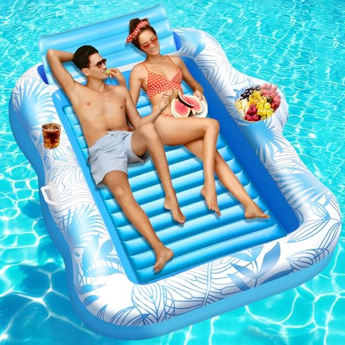 Charmofun Materassino Gonfiabile Abbronzante, Materassino Gonfiabile Piscina con Portabicchieri e Bar del Ghiaccio, Lettino Abbronzante Zattera Piscina per Adulti Spiaggia Cortile Festa (Blu)