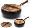 RANJIMA Poêle en fer sans revêtement - Poêle japonaise en fer forgé à la main - 24 cm - Poêle à frire en fonte avec couvercle en bois - Poêle à frire en fer - Poêle à frire antiadhésive - Poêle