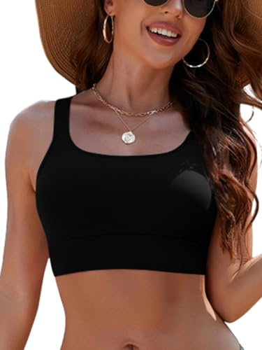 SHEKINI Damen Bikini Top Gepolstert Sport BH verstellbaren Trägern Bauchfreies Schwimmoberteil mit U-Ausschnitt für Strand Pool und Wassersport