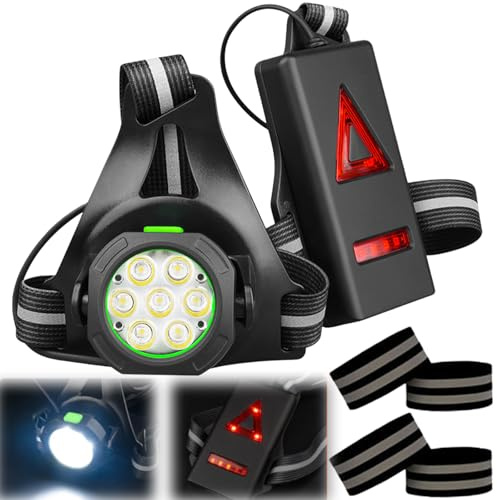 GOMETY Luce da corsa con 2 riflettori, lampada a LED, cintura da corsa, 3 modalità di luce, torcia con luce posteriore rossa, USB, ricaricabile al petto, regolabile a 90°, impermeabile, leggera per