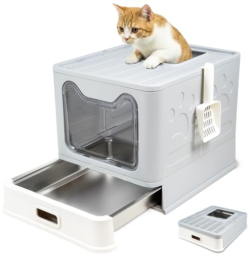 Arenero Gato Acero Inoxidable Cubierto – Caja Arena con Bandeja Extraíble – Antiolores, antifugas, fácil de Limpiar – Arenero para Gatos con Doble Entrada – con Pala – (38,3×51×41 cm) - Gris