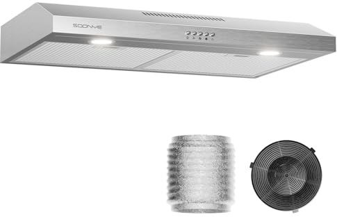 SOONYE Cappa da cucina in acciaio inox da 76,2 cm, sottile cappa aspirante da cucina canalizzata/convertibile senza condotti con 3 controlli di velocità, filtri in alluminio a 5 strati, luci a LED