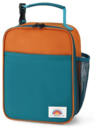 VASCHY Kids Lunch Box Bag Insulated Reusable Bento Cooler for Toddlers Boys, Snack Carrier with Hands-Free Clip in Teal & Orange