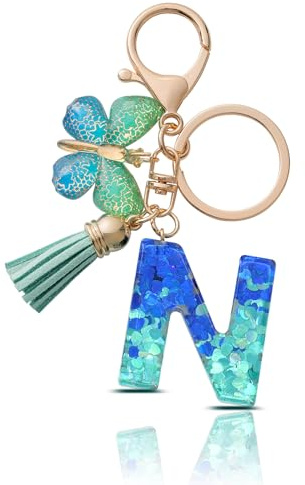 CHUQING Porte Clé Lettre Femme Papillon Pompon Bleu Vert N