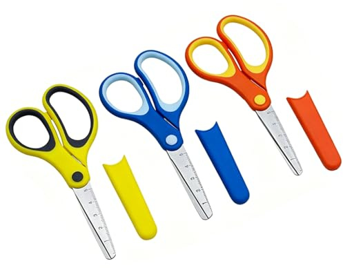 Lot de 3 Ciseaux et Ciseaux Gaucher, Ciseaux avec Lames Graduées, Ciseau Sécurisé pour Ciseaux, Ciseauxs Cranteurs Papier, Orange Bleu Jaune Vrac