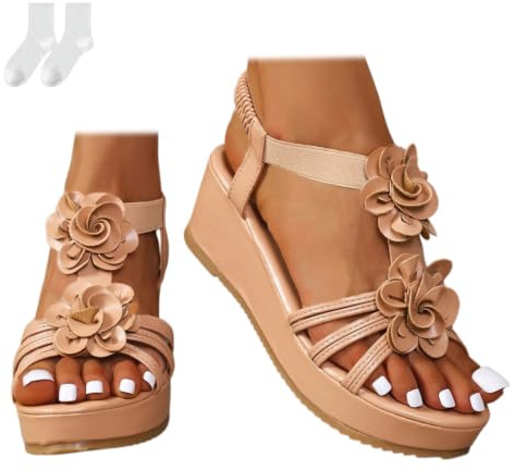 Women's Plus Size Wedge Sandals, Fashionable Platform Sandalettes | With Flower Applique with Ankle Strap Bridal Shoes Open Toe Slingback Summer Shoes for Leisure Vacation Beach