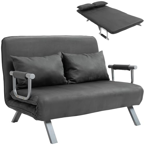 HOMCOM Canapé-lit 2 Places, Fauteuil Convertible avec Dossier réglable en 5 Positions, Chaise Longue avec 2 Coussins Inclus, canapé en revêtement Aspect suède déhoussable, 111x80x78cm, Gris foncé