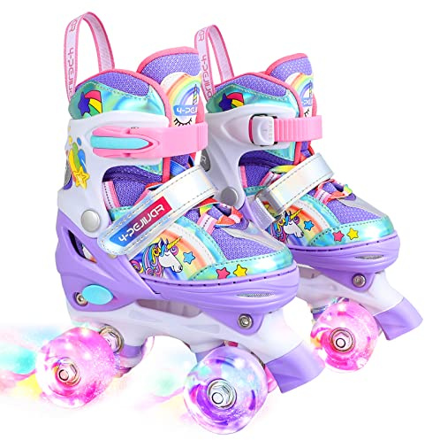 Unicorn Rainbow Kids Roller Skates for Girls Boys Toddler Ages 3-12, Adjustable Beginner Profession Kids Quad Skates, Children's Rollerskates for Birthday Xmas Gifts