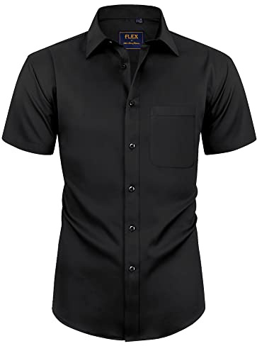 Alimens & Gentle Mens Short Sleeve Dress Shirts Wrinkle Free Solid Casual Button Down Shirts with Pocket, Black, Small
