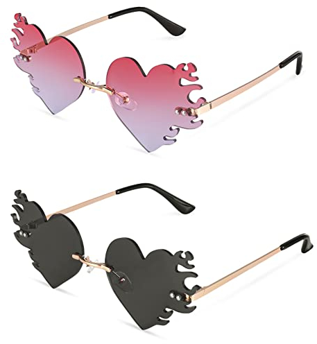 AUXSOUL 2 Paare Herz Sonnenbrille Damen, Nette Prom-, Neuheit Herz Feuer Flamme Brillen, Herzförmige für Hippie Schick Kleid Zubehör, Rose Gold Rahmen(2 Farben)