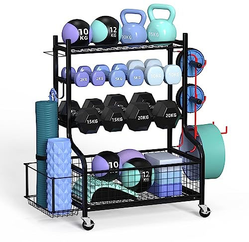 ZACHVO Hantelständer, Multifunktionaler Kurzhantelständer für Hanteln, Yoga Matte, Faszienrolle, Kettlebell und Yoga Block, Dumbbells Regal für Home Gym mit 4 Rädern und 8 Haken