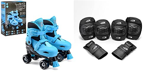Xootz Kids Quad Skates, Beginner Adjustable Roller Skates Boys, Blue/Black & Osprey Kids' Skate Bmx Pads - Knee, Elbow and Wrist Protective Set - 6 Piece Scooter Streetsport Pad Set - Black - Medium