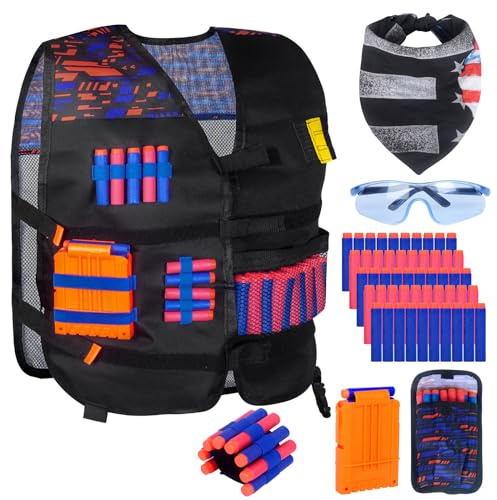 Tenuiskft Chaleco Táctico Infantil Nerf Vest Set para Nerf N Strike Elite Series, Accesorios Nerf con Recarga Rápida Cargadores, Recarga Dardos, Muñequeras, Gafas, Pañuelo para Niños Niñas