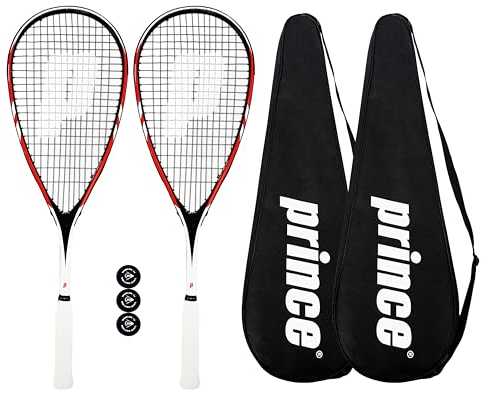 Prince Team 400 & 450 Squashschläger Twin Set Serie, inkl. schützenden Squashschlägerabdeckungen in voller Länge und 3 Squashbällen (Team Warrior 450)
