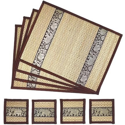 Thai Tisch-Set Untersetzer Platz-Set 8-teilig aus Bast mit Elefantenmuster für Esstischdekoration, handgewebt in Thailand (Braun)