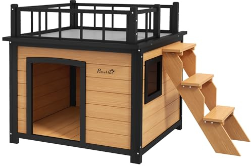 PawHut caseta para perros con balcón, caseta elevada para animales pequeños con escalera, ventana, cueva para perros pequeños y medianos, madera de abeto, amarillo, 121 x 77 x 78 cm