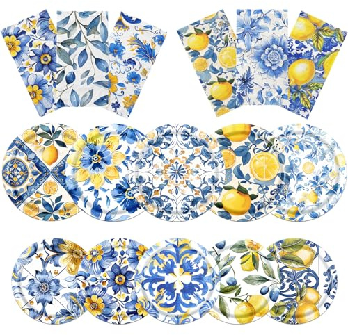 HAKOTI Capri Zitronen-Partydekorationen, Geschirr, 60 Stück, Amalfiküste, Party-Dekorationen mit Zitronenteller und Zitronen-Servietten, blaue Fliesen, mediterrane Party-Dekoration für Sommerpartys