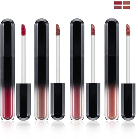 Apooliy 4pcs Matte Lip Gloss,Rouge à lèvres non collant et lisse,Rouge à lèvres liquide longue durée 4 couleurs,Résistant à l'eau,Très pigmenté, nude, brun