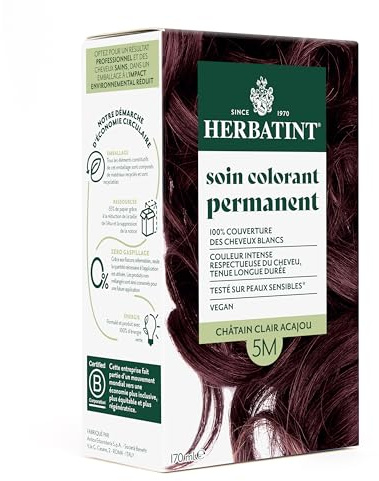 Herbatint Permanente Haarfarbe, 5 m, Hellbraun, Mahagoni, 170 ml, ohne Ammoniak, 100 % Abdeckung für weißes Haar, dermatologisch getestet für empfindliche Haut, mit 8 Bio-Pflanzenextrakten
