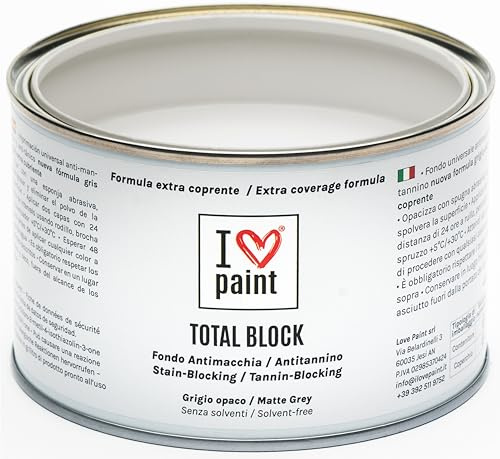 I LOVE paint Total Block 375 ml - Fondo antimacchia/antitannino super aggrappante - Nuova formula, grigia extra coprente - Senza solventi e formaldeide - Professionale.
