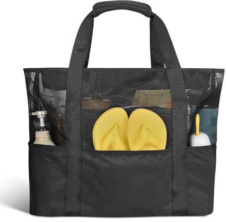 Sac de Plage Femme XXL Extra Large Famille Cabas Pliable en Double Maille Sac à Bandoulière avec 9 Poches Rangement pour Plage Voyages Gym Piscine Accessoire 47 * 20,5 * 34,5CM