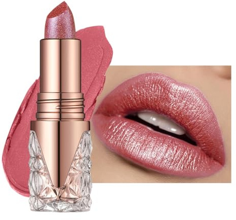 Barra de labios con brillo rosa para mujer Bálsamo labial con brillo y tinte hidratante,Brillo de labios perlado resistente al agua de larga duración Acabado brillante,fórmula cremosa, textura ligera