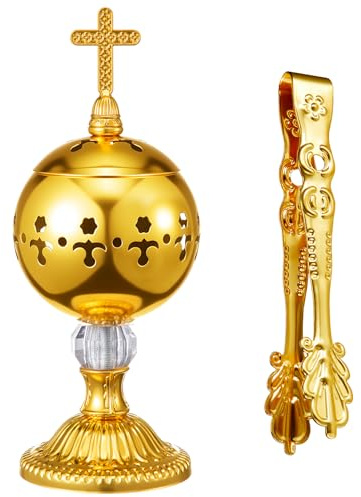 Zonon 1 Set Incense Burner with Tong, Frankincense Charcoal Incense Stand Holder, Ideal for Yoga, Spa, Aromatherapy, Home and Christian Church Censer (Gold,Retro)