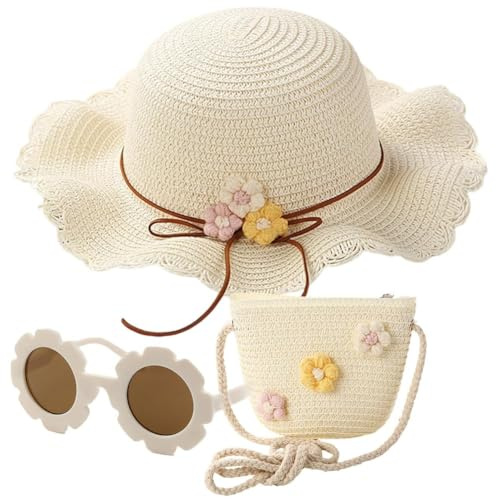 Chapeau De Soleil Et Sac en Tricot De Paille 3 Pièces,Lunette De Soleil,Chapeau Paille Enfant 3-8 Ans avec Décoration Florale pour Accessoires Voyage Extérieur(Blanc Crème)