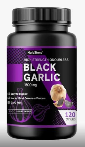 HERBSTONE Black Garlic Capsules 1500mg High Strength | 120 Odourless Vegetarian Capsules | Aged Black Garlic Extract Supplement | Supports Heart Health, Cholesterol & Circulation | UK Formula