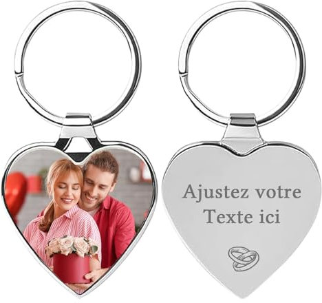 Porte Clef Personnalisable Photo Recto Verso - Porte Clé Personnalisé avec Texte et Image HD - Cadeau Personnalisable pour Femme, Homme, Amis, Famille (Cœur)