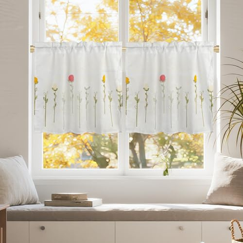 Dreaming Casa White Kitchen Curtains 24 Inches Length Tier Curtains, 2 Panels Floral Window Treatment for Living Room Bedroom, Rod Pocket Short Semi Sheer Bistro Drapes with 30W x 24L